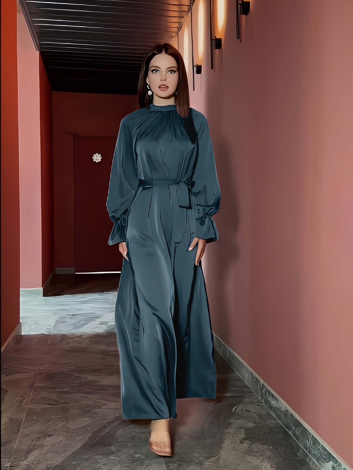 Elegant Brown Satin Women'S Dress, Long Sleeve Round Neck with Belt, Solid Color Ruffle Design, Perfect for Parties or Formal Occasions, Spring/Summer Collection, Formal Attire|Ruffle Detail Dress|Polyester Fabric